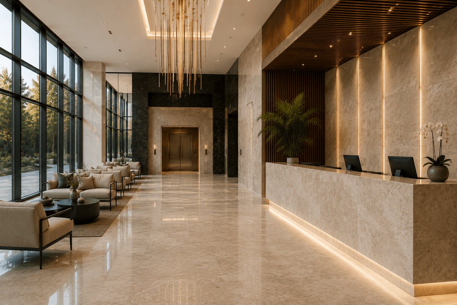 Contemporary commercial interior with expansive tiled surfaces